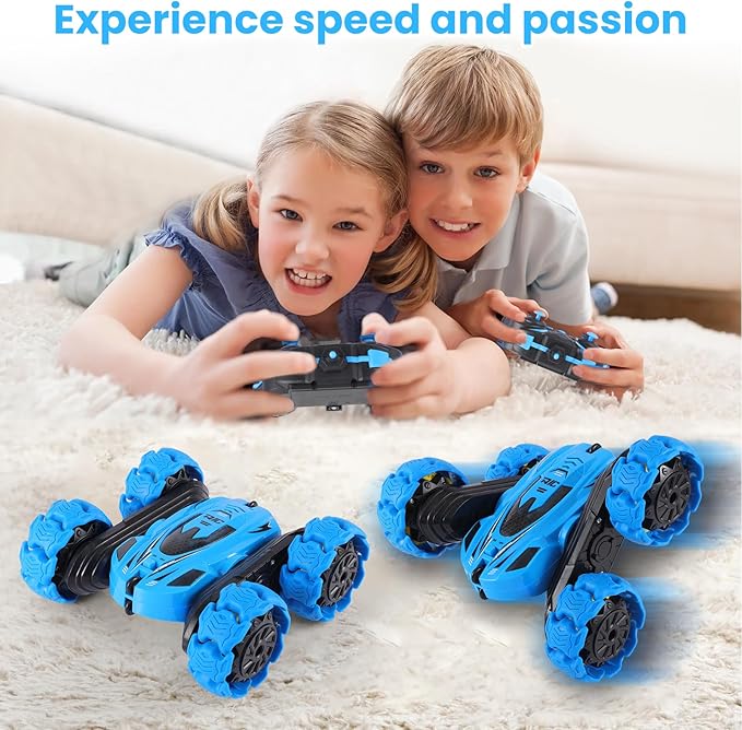 RC Stunt Car 360° Flips &amp Double-Sided Remote Control Truck with LED Lights 2.4GHz High Speed All Terrain Off-Road Toy Car Gift for Boys Girls Kids Ages 6-12 (Blue)