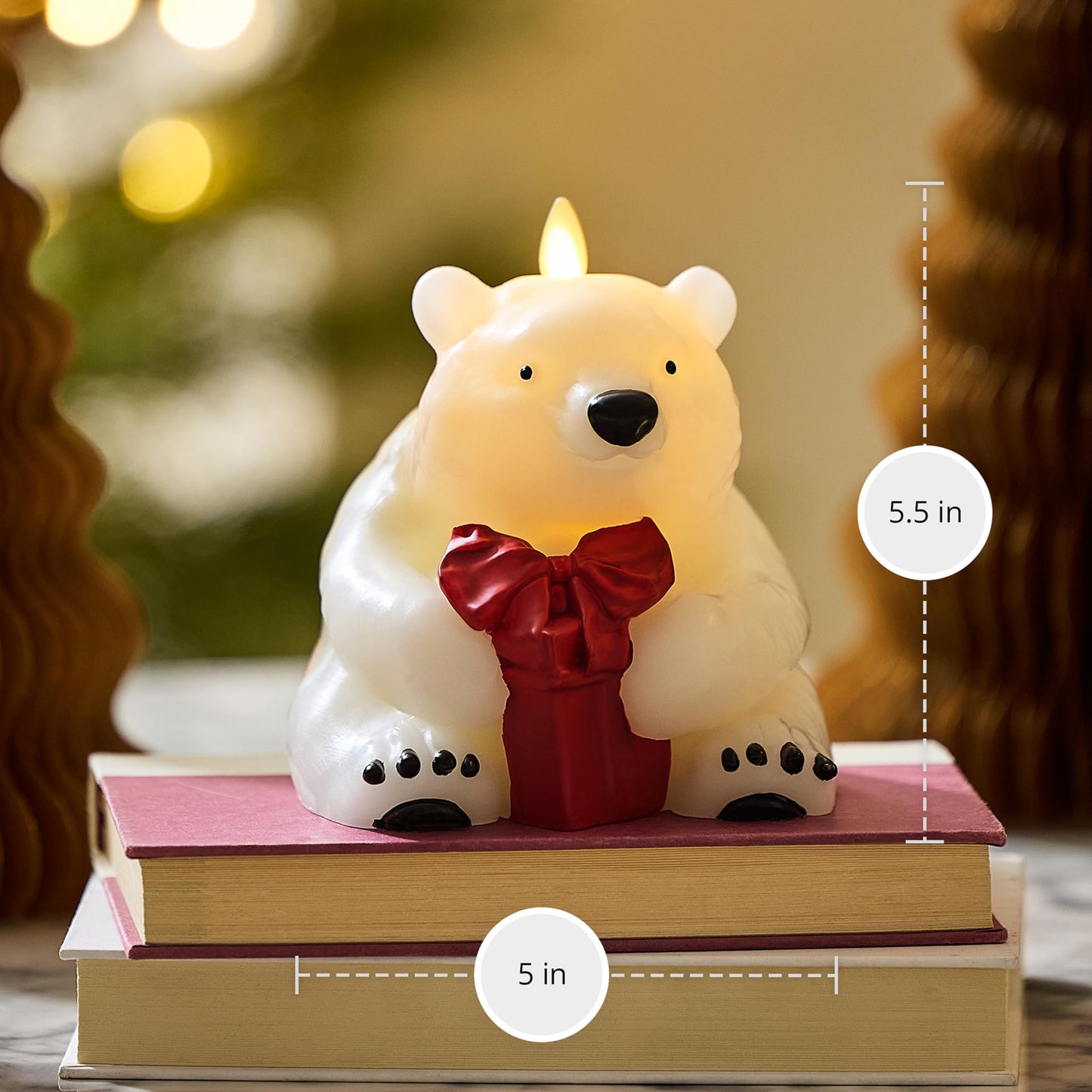 Luminara Flickering Flameless Candle 5" x 5.5", Battery Operated & Timer Function, Remote Ready (Sold Separately), Polar Bear w/Gift Moving Flame LED Light Figural Decor for Christmas Winter Holidays