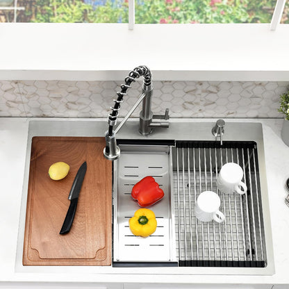 WMXQX Drop In Kitchen Sink, 33x22 Kitchen Sink with Faucet Stainless Steel Top Mount Workstation Overmount Handmade Single Bowl Deep Sink with Cutting Board&Soap Dispenser