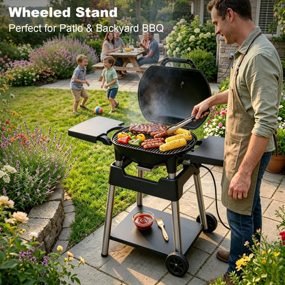 THERMORA Electric Grill Outdoor Grill, 1500W Power, 277 Sq.In Cooking Area, Removable Wheeled Cart Style, Indoor/Outdoor Eletric Grill, Nonstick Grill Grate, Built-In Thermometer BBQ Grill