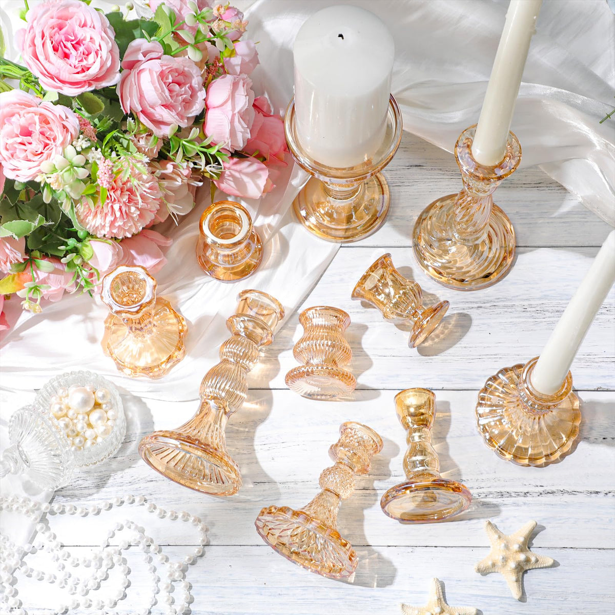 Mumufy 10 Sets Glass Crystal Taper Candle Holders Stand Centerpiece Bulk with 10 in Taper Candles Sticks Clear Decorations Table Wedding Dining Party (Gold)