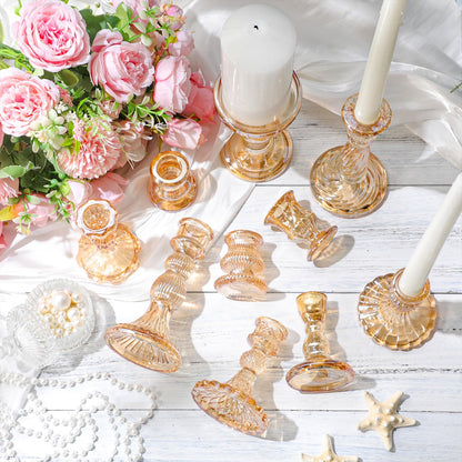 Mumufy 10 Sets Glass Crystal Taper Candle Holders Stand Centerpiece Bulk with 10 in Taper Candles Sticks Clear Decorations Table Wedding Dining Party (Gold)