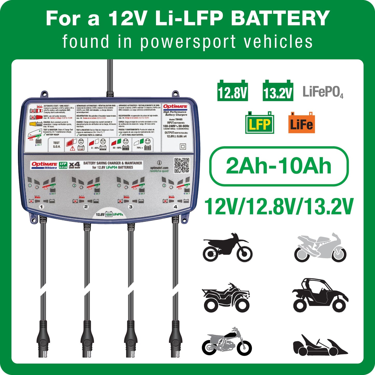 OptiMate Lithium 4s 0.8A Quad Bank, TM485, 8-Step 4x12.8V 0.8A Lithium Expert Battery Saving Charger & Maintainer