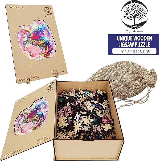 MYS Aurora Wooden Jigsaw Puzzles for Adults Unicorn Jigsaw Puzzles 925 Pieces Unique Animal Shaped Wooden Puzzles for Adults and Kids Family Game 23.3x22.5 Inch