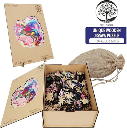 MYS Aurora Wooden Jigsaw Puzzles for Adults Unicorn Jigsaw Puzzles 925 Pieces Unique Animal Shaped Wooden Puzzles for Adults and Kids Family Game 23.3x22.5 Inch