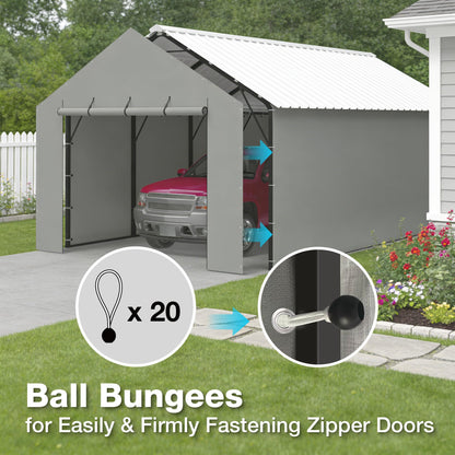 FLOUREE Metal Carport Zipper Door Replacement Fits 20'x16' 20'x20' 20'x25' 20'x26'Heavy Duty 220g PE Tarp, Waterproof UV Resistant Roll-Up Cover with Bungees, Gray (No Frame)