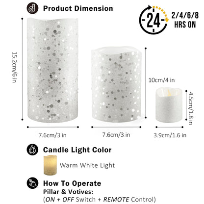 FURORA LIGHTING White Glitter Flameless Candles - Real Wax, Adjustable Brightness, Remote & Timer - 4 Pillars (3x4, 3x6) and 4 Votives, 8-Pack, Battery Operated