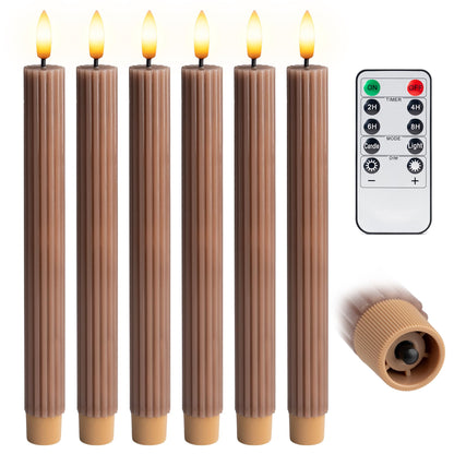 West Ivory 6 Pack, 10" LED Flameless Brown Tan Fluted Ribbed Grooved Taper Candles, Remote & 24h Timer Memory, On/Off Button, Dimmable, Flicker Mode, Battery Operated, Christmas Menorah Wedding