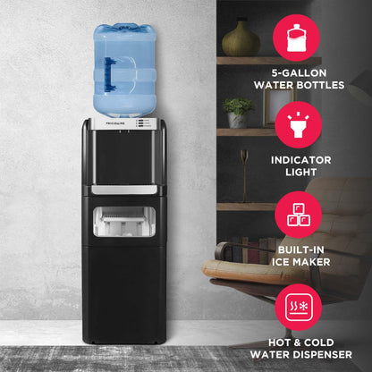 Frigidaire 3-in-1 Hot or Cold Top-Load Water Cooler Dispenser, 5 Gal Bottle, Built-in Bullet Ice Maker, Compact, Black