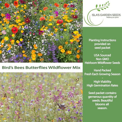 Isla’s Garden Seeds Wildflower Mix – 500+ Non-GMO Heirloom Seeds for Colorful Pollinator Gardens