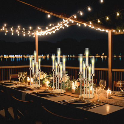 Tandefio 2 Set Gold Candelabra Centerpieces for Tables, 26.8 Inch 5 Arm Candle Holders with LED Candles and Acrylic Cylinders, Tall Acrylic Wedding Table Centerpieces for Reception Dinner Party Decor