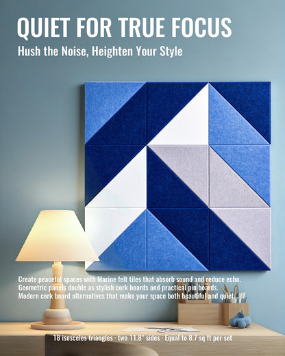 PebblingQ Felt Wall Tiles Bulletin Board, Marine Blue White Panels, Modular Decorative Boards for Home Office, Kids Room, Nursery, DIY Geometric Art Display, 18 Pack 11.8" Triangle Tiles (Marine)