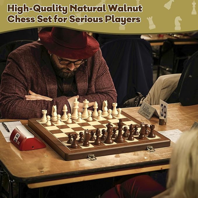 Premium Natural Walnut 15 Magnetic Wooden Folding Chess &amp Checkers Set- 2 in 1 Board Game with 3 King Staunton Pieces and 2 Extra Queens Checkers and Dust-Proof Storage Bag (Black)