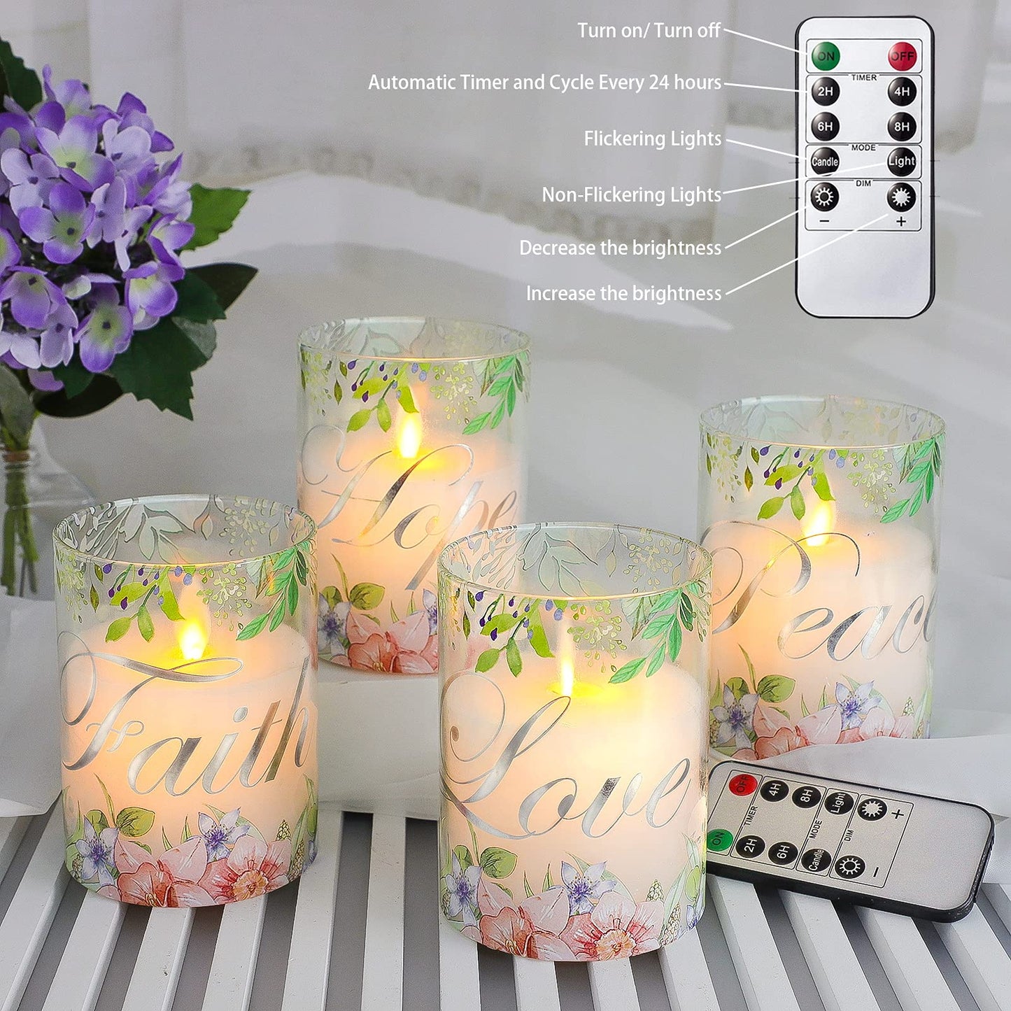 PETRISTRIKE Pink Flameless Pillar Candles, Glass Led Candles Battery Operated with Remote/Timer, Set of 4 Candles Set for Woman Gifts, Mother's Day, Centerpiece Decor