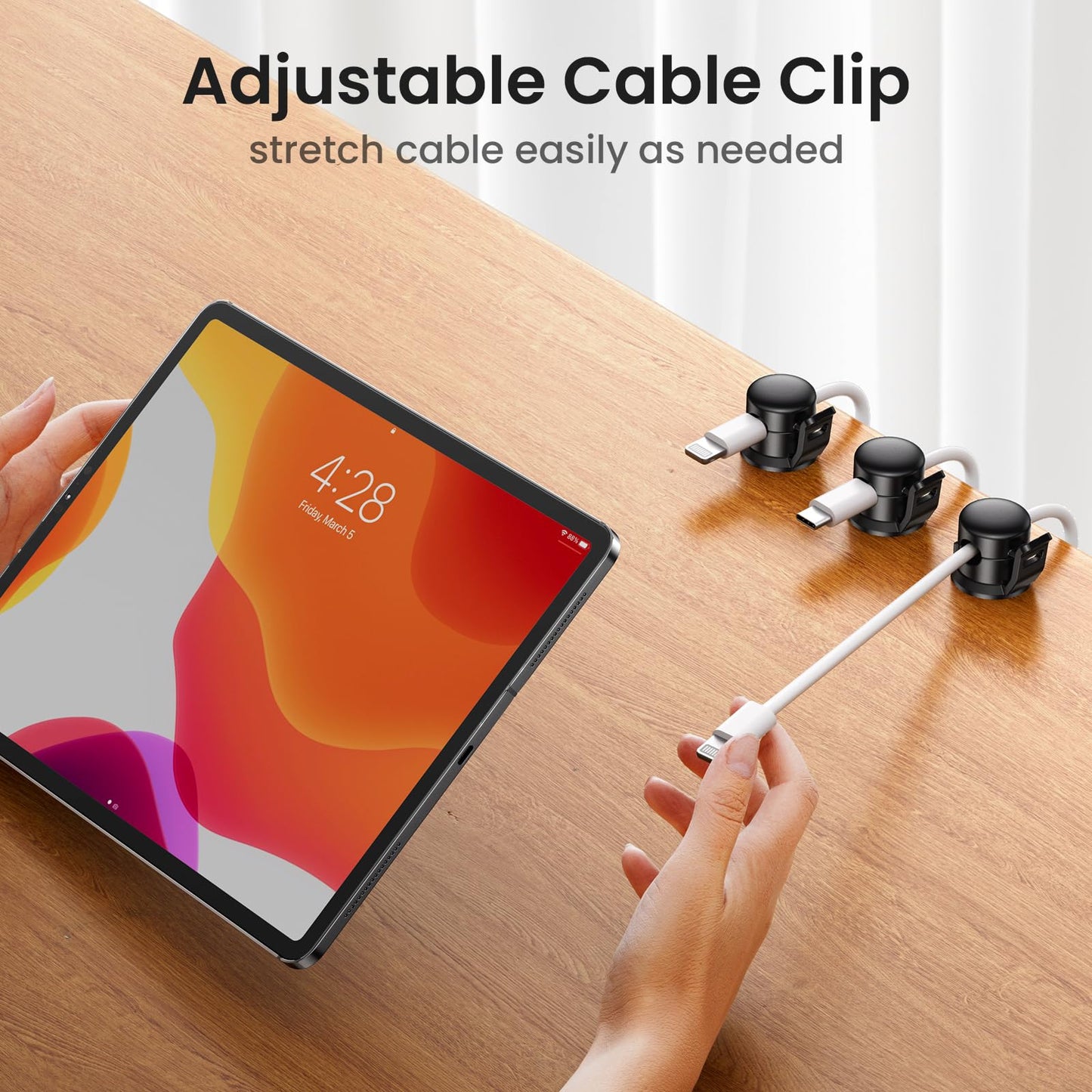LOTUNY Cable Clips, 8 Pack Cord Organizer [Cable Smooth Adjustable] Adhesive Cable Management Wire Organizers for Cords, Phone USB Charger Cable Holder for Home Office Car Wall Desktop Nightstand