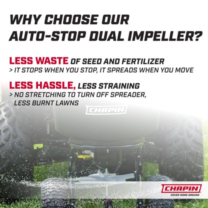 Chapin 8622B Tow & Pull Behind Broadcast Spreader, 150lbs Capacity, Auto‑Stop Dual Impeller, Enclosed Bearings, Use for Seed & Fertilizer, Heavy‑Duty Farm/ATV/UTV