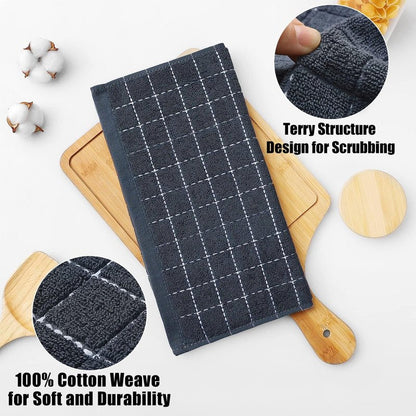 Homaxy 100% Cotton Terry Kitchen Towels(Dark Grey, 20 x 28 inches), Checkered Designed, Soft and Super Absorbent Dish Towels, Large 8 Pack