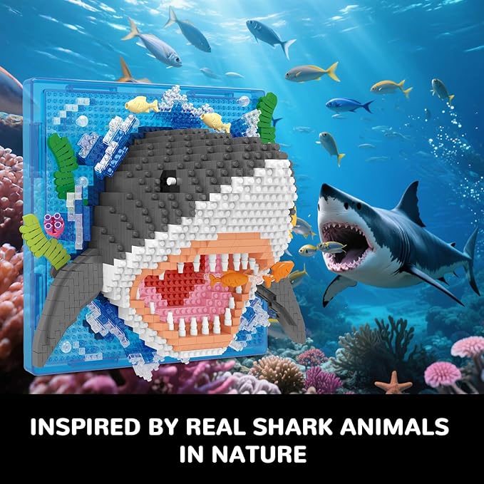 Shark Animal 3D Wall Art Micro Mini Building Blocks Set Unique Home Wall Decor or Table Display No Compatible with Lego Ideal Gift Toy for Adults &amp Boys Girls 14+ (1644 PCS)