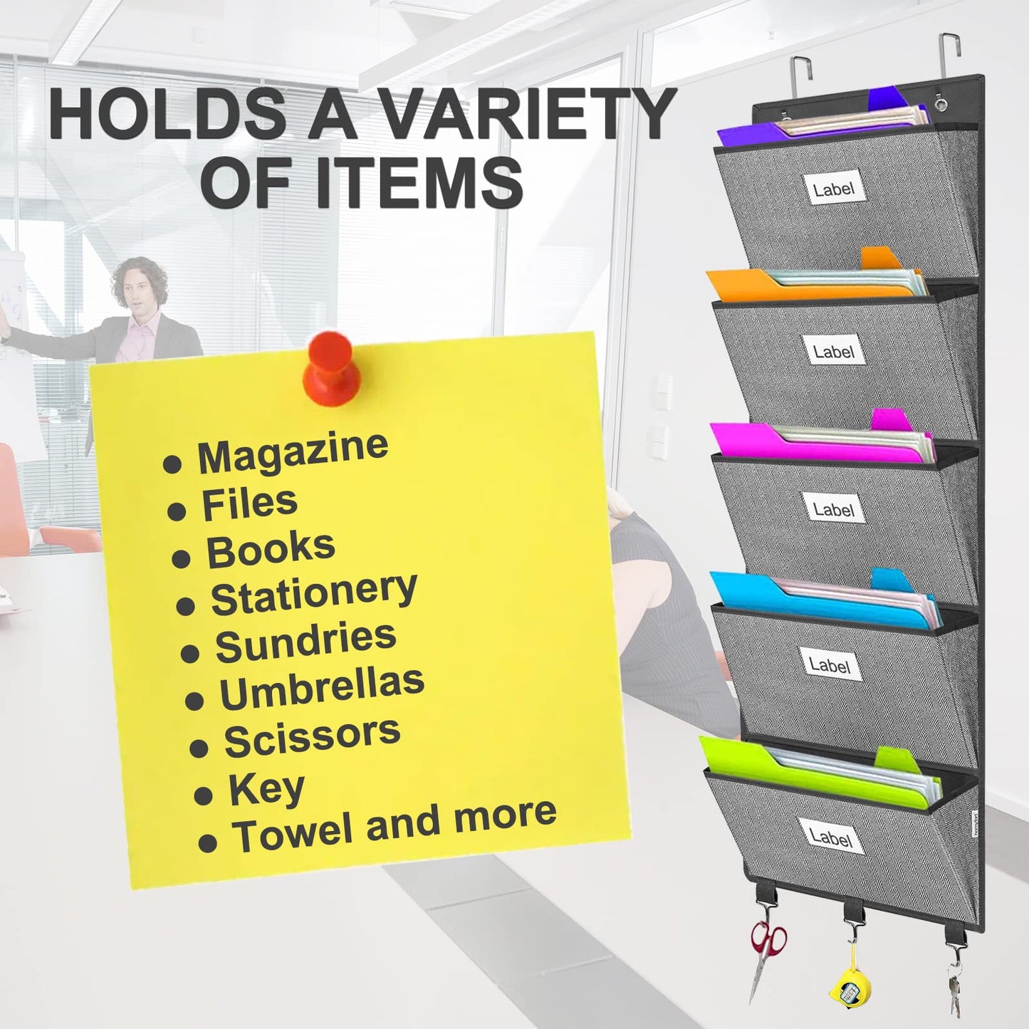 Over the Door File Organizer, Hanging File Folders, Wall Organizers and Storage for Mail, Magazine, Notebooks, Planners, Office, Classroom, 5 Extra Large Pockets, 50.39” Tall (Grey with Herringbone)