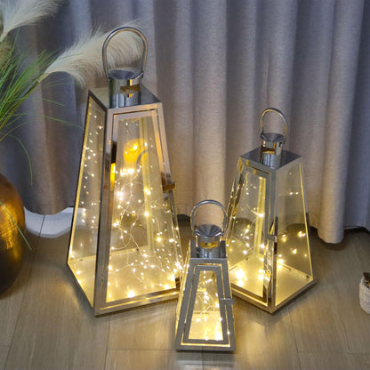 TRIROCKS Set of 3 Stainless Steel Candle Lantern 21''&16''&11'' High Metal Candle Holder with Tempered Glass Panels for Christmas Home Decor Living Room Parties Events Indoors Outdoors (Silver