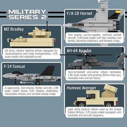 Apostrophe Games 5 Military Building Block Sets (730 Pieces) F/A-18 Hornet F-14 Tomcat Fighter Jet AH-64 Apache Helicopter M2 Bradley Tank and Humvee Avenger