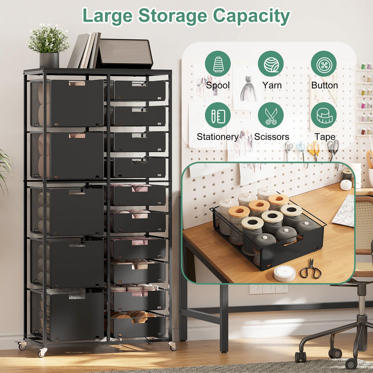 EasyPAG Rolling Storage Cart With 15 Drawers, Metal Craft Organizers And Storage Cart With Wood Tabletop, 30 Lbs Capacity Per Drawer For Home Office Classroom And Dorm, Black