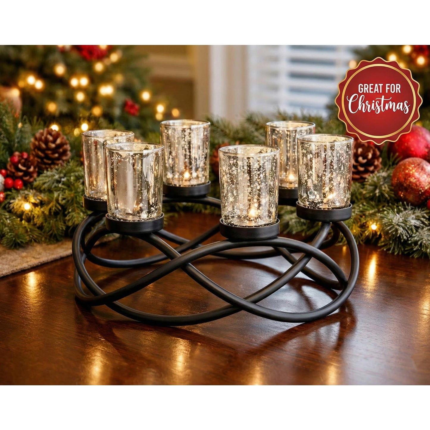 Seraphic Centerpieces for Table Decorations - Round Candle Holders for Outdoor Patio, Dining, Kitchen, Coffee & Wedding Table Decor, Black Iron Candelabra, 6 Silver Glass Votive Tealight Cups