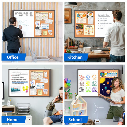 Magnetic White Board and Cork Board Combo, 24 X 18 inches Whiteboard Bulletin Combination Board, Wall Mounted Dry Erase Message Board for Home, School and Office, Black