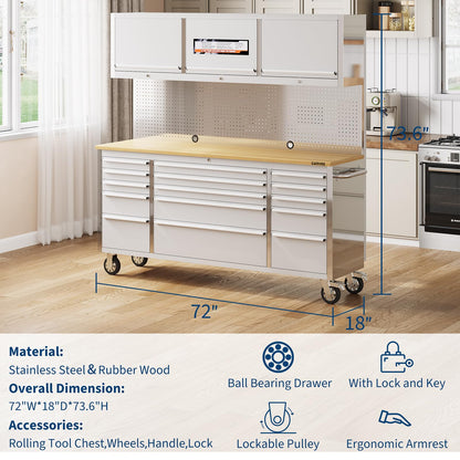 Garvee 72-Inch Heavy-Duty Rolling Tool Chest & Mobile Workbench with 9 Drawers & 3 Top Cabinet, Rubber Wood Tabletop, Key Locking System, Drawer Liners & Wheels, Steel Storage Cabinet for Garage