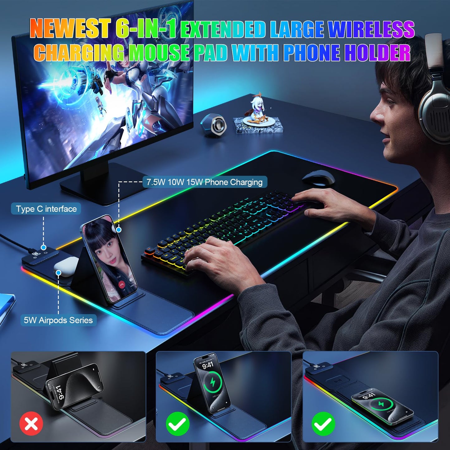 Mouse Pad with Wireless Charging, Large Desk Mat RGB Gaming Mousepad, 10 Light Colors LED Gaming Pad Keyboard Pad with Ultra-Smooth Surface & Non-Slip Rubber Base, Waterproof Full Desk Mouse Pad