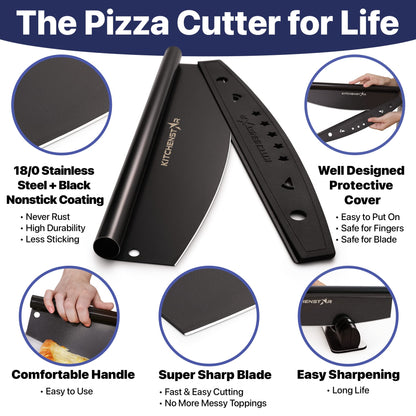 KitchenStar Pizza Cutter Rocker Blade 18" Black + Wooden Pizza Peel 16" + Pizza Stone for Oven and Grill 16" with Handles - Pizza Making Bundle