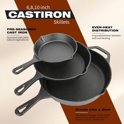 Cast Iron Skillet 3-Piece Set, 6", 8", 10" Frying Pans, Heavy-Duty Pre-Seasoned Pan Cookware Set, For Frying, Saute, Cooking, Pizza & More, Black