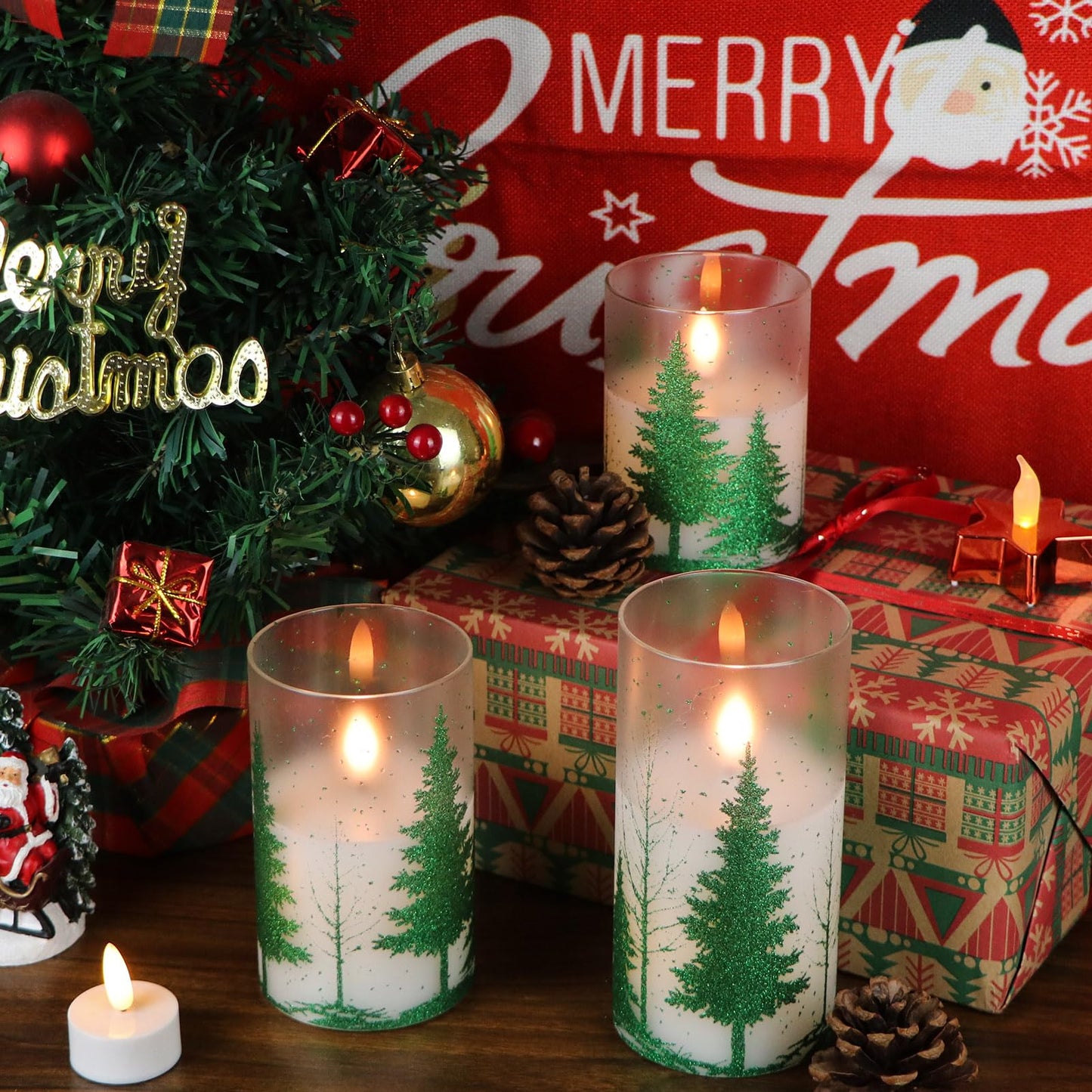 DRomance Christmas Tree Glass Flameless Candles with Remote Timer Battery Operated Real Wax 3D Wick LED Flickering Pillar Candles Christmas Holiday Decor(Green, 3 x 4,5,6 Inch)