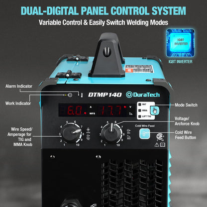 DURATECH 140Amp MIG Welder, 120V 4-in-1 Welding Machine Flux Core Gasless/Solid Core Gas Shielded/TIG/Stick Welder Suitable for 2 to 11lbs Welding Wire, IGBT Inverter Portable Welder with Welding Gun
