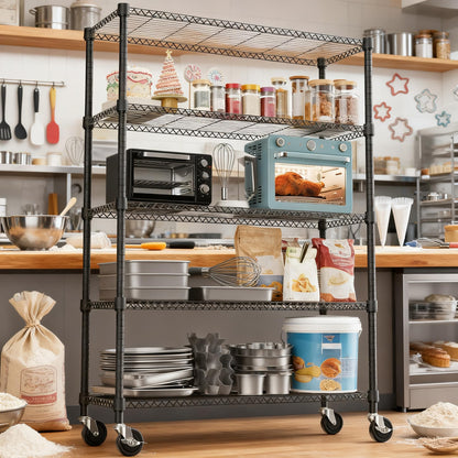 M MZG 1750LBS 47.2" W 5 Tiers Storage Shelves Metal Shelving Unit with Wheels Heavy Duty Garage Shelving Adjustable Wire Shelves for Pantry,Kitchen,Garage,Basement,Black 17.7" D x 47.2" W x 76.8" H