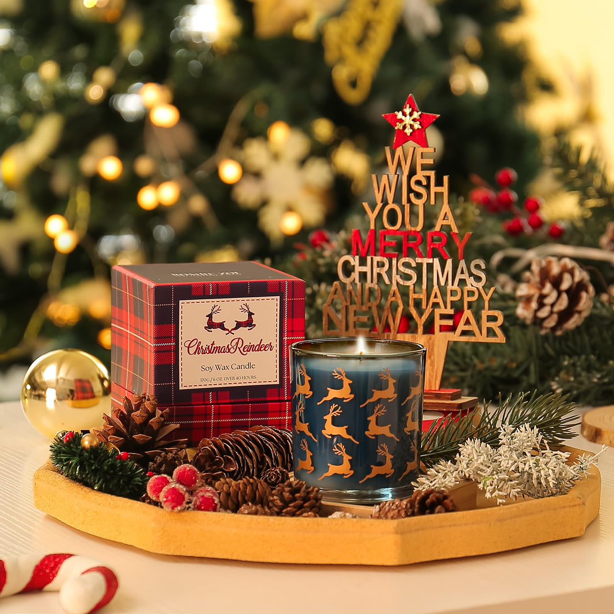 ROMIIE ZOI Christmas Scented Candle - 6oz Soy Wax Candle, Christmas Reindeer, Infused with Peppermint Aroma - Scottish Plaid Navy and Red Gift Box for Holiday Season Gift
