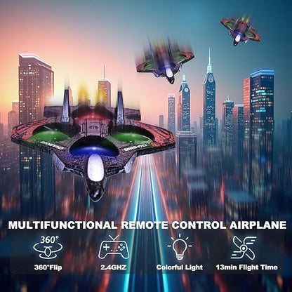 Foam RC AirplaneRemote Control Planes with LED Lights Fighter Jet for Night Flights Outdoor 360° Flip &amp Spin Stunt Drone Toy for Beginner Adults