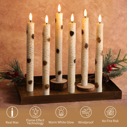 Girimax Birch Bark Flameless Taper Candles with Remote, Flickering Battery Wood LED Candlesticks Set of 6