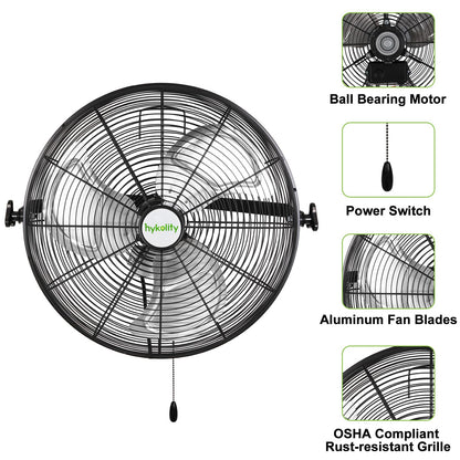 hykolity 4300 CFM 18 inch Industrial Wall Fan, 3-Speeds High Velocity Wall Mount Fan with Sealed Motor, Heavy Duty Metal Barn Fans for Shop, Garage, 2 Pack