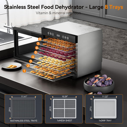 Food Dehydrator Machine with 8 Stainless Steel Trays, 650W Powerful Motor, Adjustable Temperature & 48-Hour Timer for Jerky, Fruits, Herbs, Dog Treats - Quiet Operation