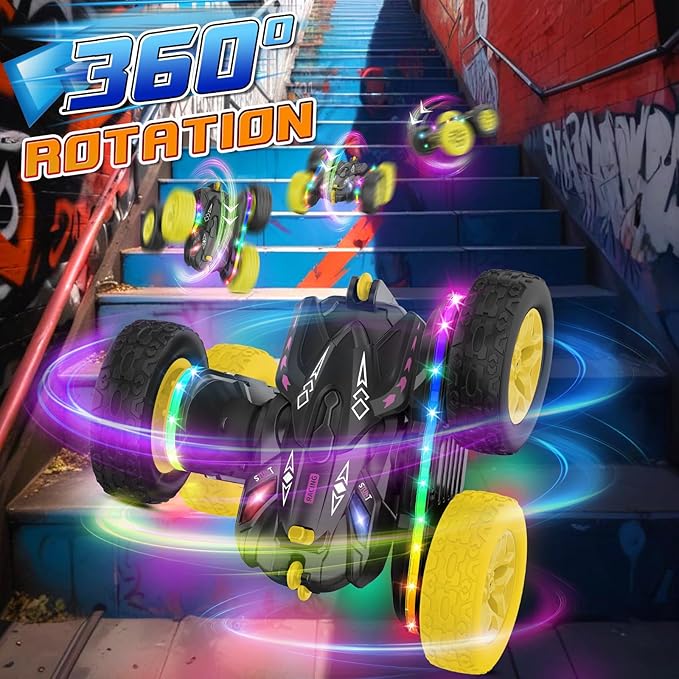 Remote Control CarRC Cars with Sides Light Strip and HeadlightsDouble Sided 360 Flips Rotating RC Stunt Car2.4Ghz All Terrain Toys for Ages 4-8 Kids Toy for Boys Birthday Gift(Black)