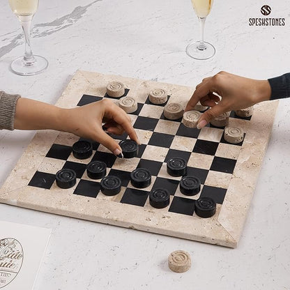 Marble Checkers Set 15 Inch Handmade Travertine &amp Black Checkers Board Game with Checker Pieces - Board Games for Adults Game Table Accessories Gifts &amp Home Décor