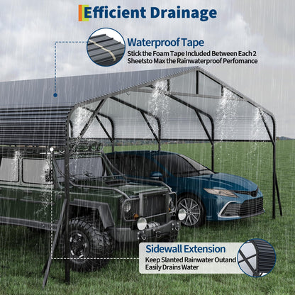 PeakPursuit Metal Carport, 20x20 FT Outdoor Car Port Canopy with Galvanized Steel Roof and Reinforced Base, Heavy Duty Garage Car Shelter Shade for SUV, Truck, Boats