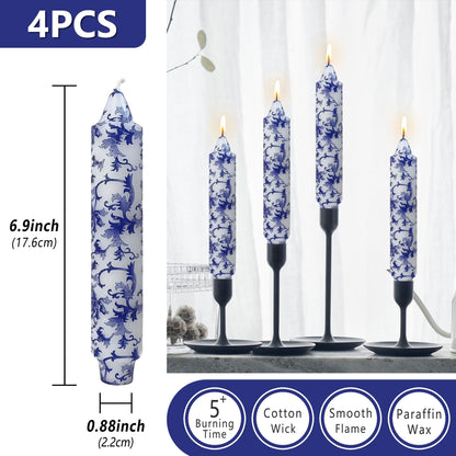 Floral Taper Candles 7inch Unscented Long Chinoiserie Candlesticks Marble Handmade Dripless Candle Sticks for Emergency, Wedding, Home Décor Festive Seasons Holiday 4pcs
