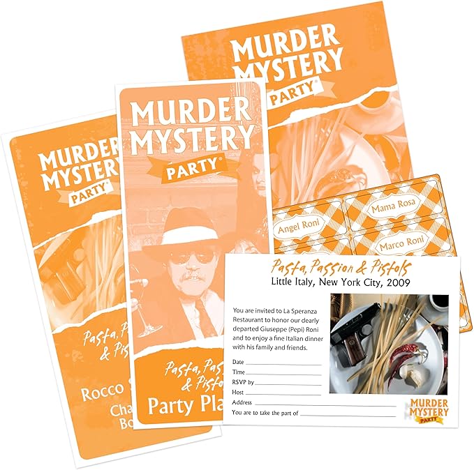Murder Mystery Party Pasta Passion &amp Pistols – Murder Mystery Dinner Party Game for Adults – Interactive Crime Solving Role Play Game Night Kit with Invitations &amp Clues – Ages 18+