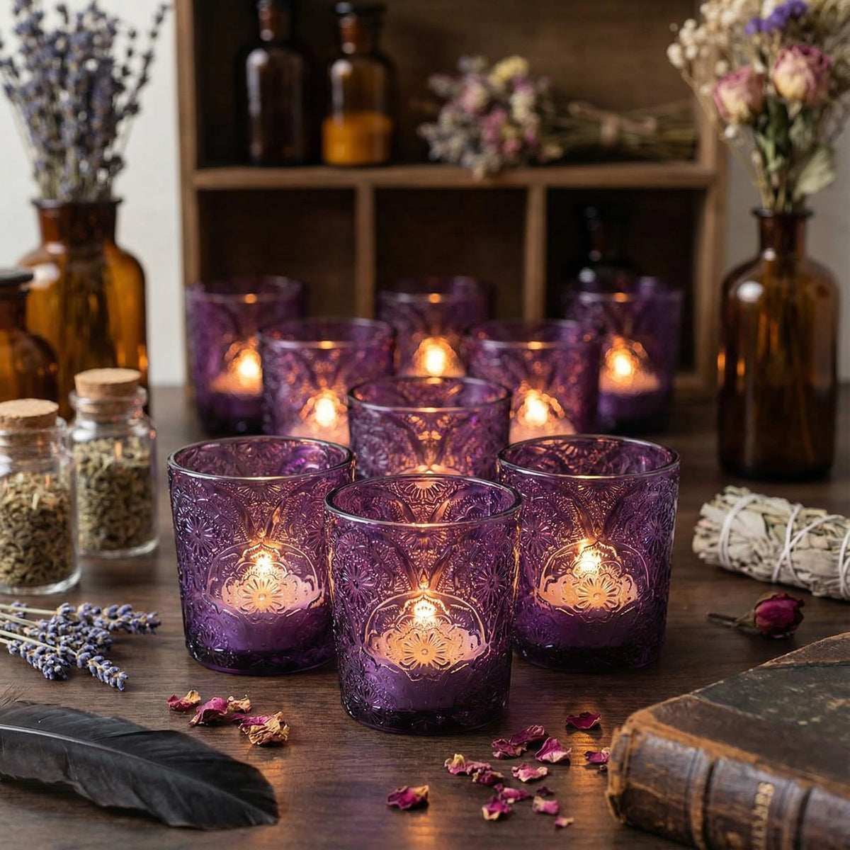 12 Pack Mandala Embossed Glass Candle Holders – Votive Tealight Holders with Patent Design, Decorative Embossed Glass Cups for Wedding Centerpieces, Parties, and Home Décor (Crystal Clear)