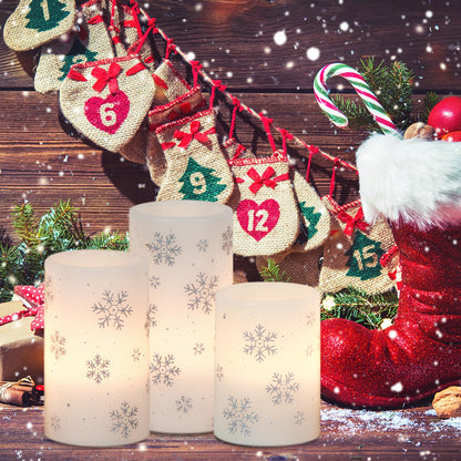 DRomance Silver Snowflake Flameless Flickering Candles Battery Operated with 6H Timer, 3 Pack Real Wax Warm Light LED Pillar Candles Dinner Tabletop Holiday Centerpiece Decor 3" x 6"