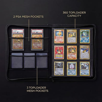 Toploader Binder 9 Pocket Holds 360 Toploaders - Collector Kit Gloves Tweezers &amp Gift Box - Holder for 3x4 Top Loaders - Mesh Pocket for Top loader Zippered Storage Album TCG &amp Sports Cards