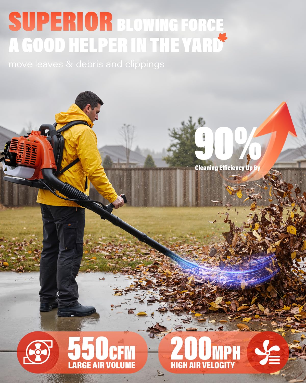 Relxxon Gas Powered Backpack Leaf Blower - 52cc 2-Stroke Engine, 200 MPH 550 CFM Heavy Duty Lawn Care Tool for Debris & Snow - 17.2lb Ultralight Design - 40oz Fuel Tank (Orange)