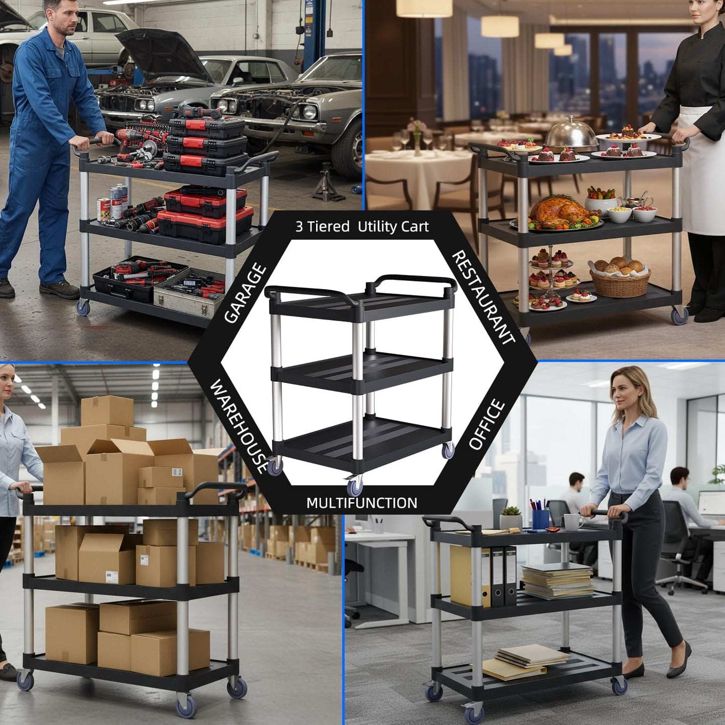 Utility Cart with Tangle-Free Wheels, 3 Tier Rolling Cart with Wheels(2 with Brakes), Heavy Duty 350 Lbs Capacity,Commercial Serving Cart for Home, Office, Restaurant, Warehouse.34 L x 17" W x 38" H